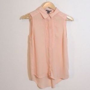 Sheer Pink Sleeveless Top Shirt 3/4 Button up SMAL